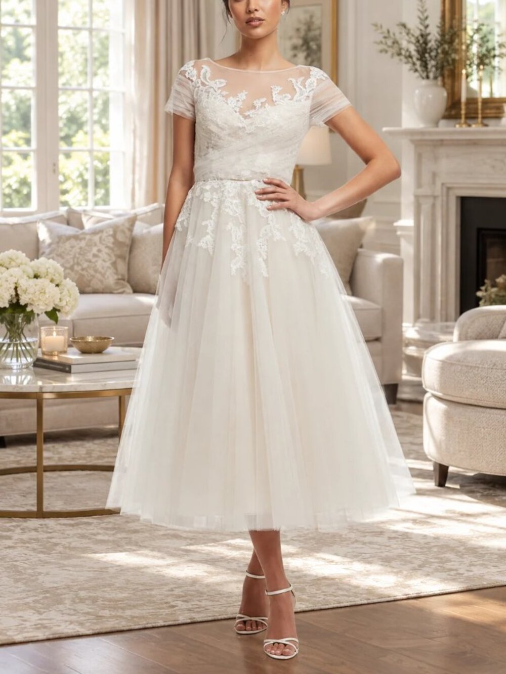 SHORT WEDDING DRESS. T LENGTH TULLE OFF WHITE NUDE SHORT SLEEVE NEW BRIDAL GOWN
